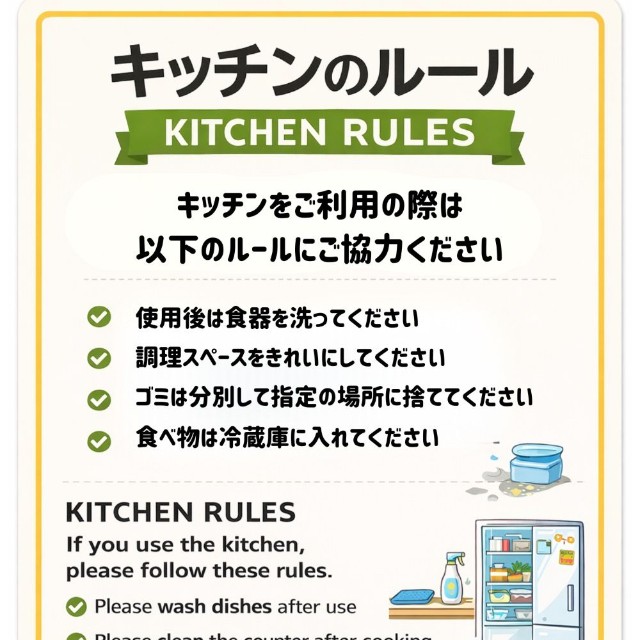 使用済みの食器や調理器具がシンクに放置されるという出来事の後で、新しくなったルールの掲示（ハリーさん提供）