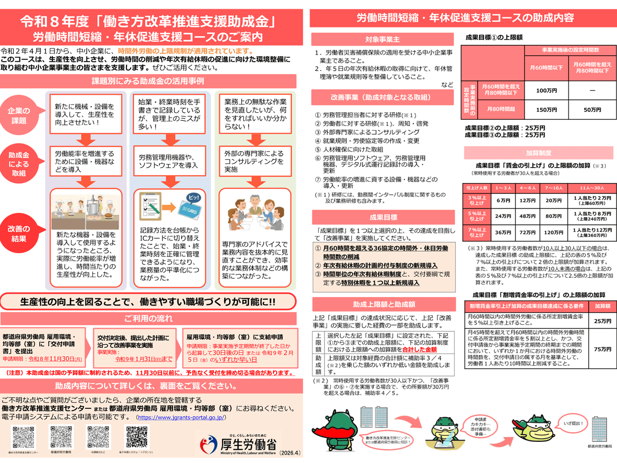 働き方改革推進支援助成金2026、労働時間短縮・年休促進支援コースも 