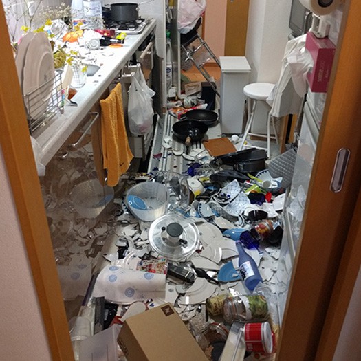 2018年大阪北部地震で被災した直後の辻さんの“隣家”のキッチン。食器棚から割れ物が降って破片が散乱。人にもペットにも危険地帯に（扶桑社提供）
