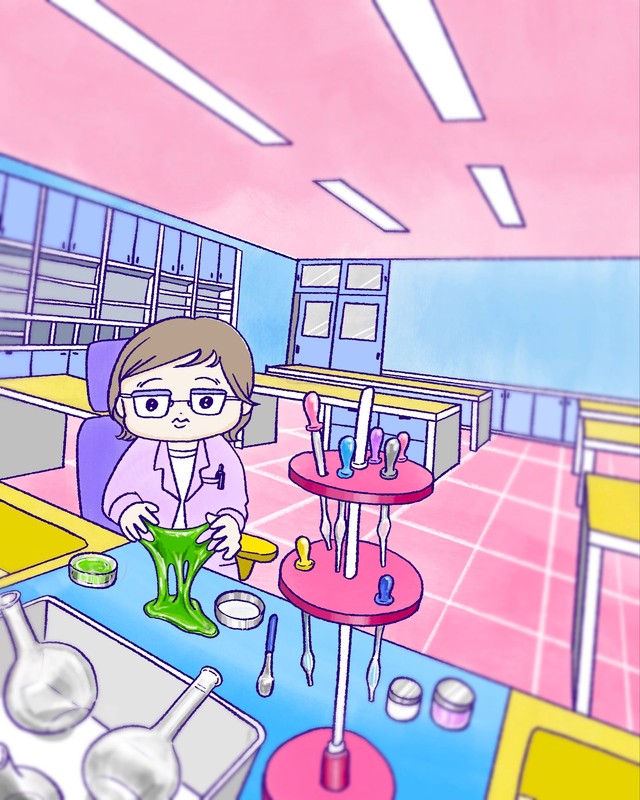 スライムをこねる研究者風の娘さん（提供：まぼさん）