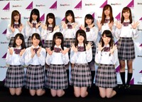 （前列左から）岩本蓮加、向井葉月、大園桃子、久保史緒里、阪口珠美、（後列左から）吉田彩乃、中村麗乃、伊藤理々杏、山下美月、与田祐希、梅澤美波、佐藤楓＝2016年
