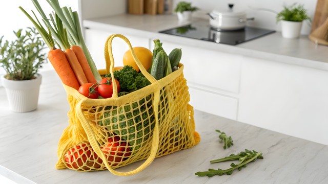 キッチンカウンターに置かれた黄色のメッシュの再利用可能なショッピングバッグ（MstKhodeza/stock.adobe.com）