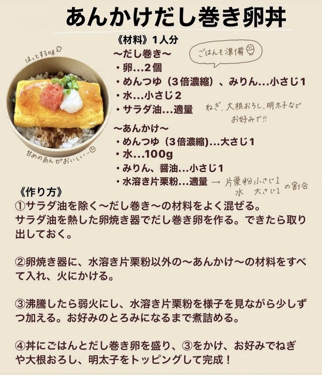 「あんかけだし巻き卵丼」のレシピ（画像提供：annkoさん）