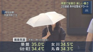 宮城県で２日連続熱中症警戒アラート　築館で猛暑日　厳重な警戒を