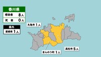香川県の新型コロナ感染状況　9月22日（「黄」は1～9人の感染者が確認された市と町）