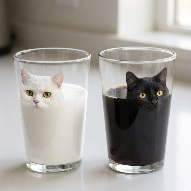猫の顔と飲み物とが完全に同化！ ※いしかわかずやさん提供