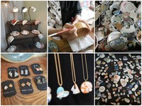 カップ＆ソーサーのランプ（左上）、金継ぎの作業をする溝脇さん（中上）、割れた器がない人は、提携している信楽焼、京焼の作家から引き取った割れた器を用いて体験できる（右上）、器の破片を活用してネックレス、イヤリングなどのアクセサリーも作ることができる（右下、中下、左下）