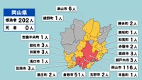 岡山県の新型コロナ感染状況　1月14日（「赤」は10人以上、「黄」は1～9人の感染者が確認された市と町）