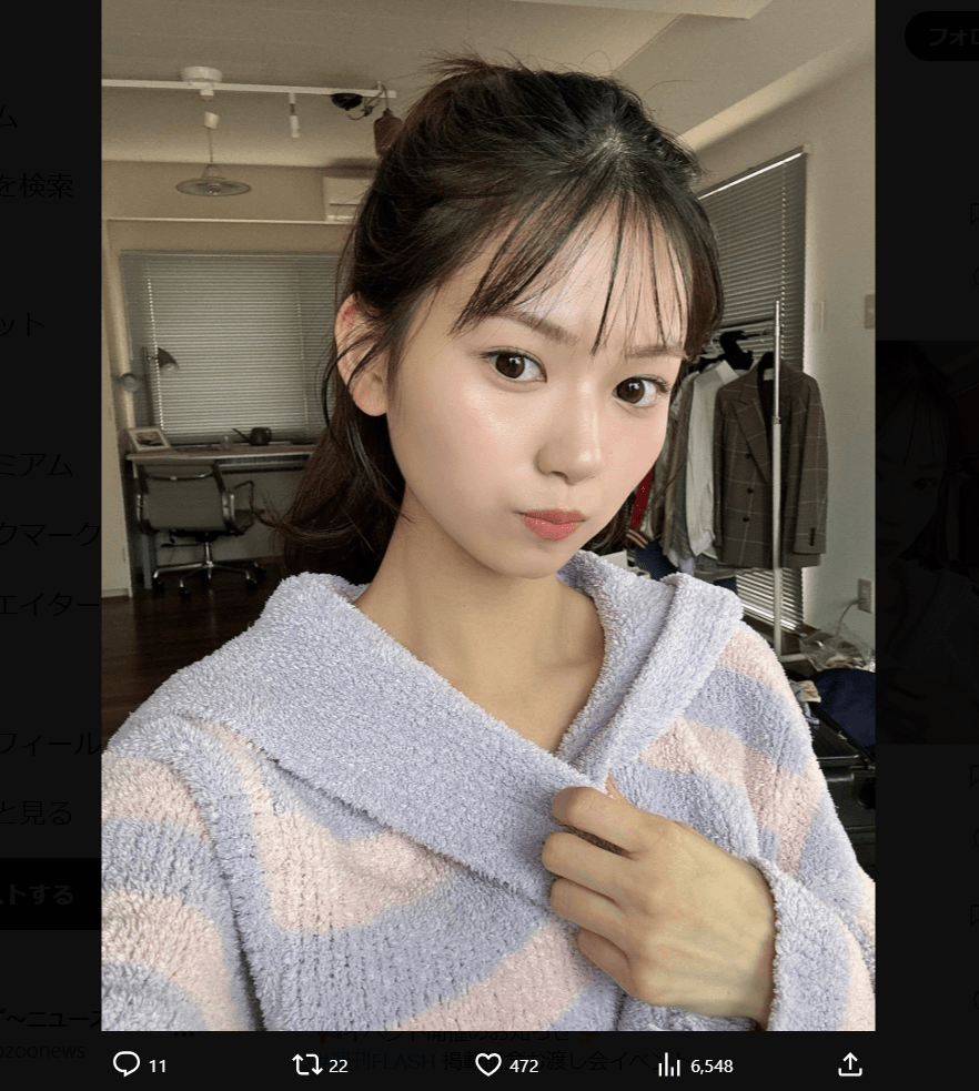 「FLASH」（26年3月10日発売号）に登場した田村愛美鈴のオフショット　本人のX（@Amiri_Tamura）より