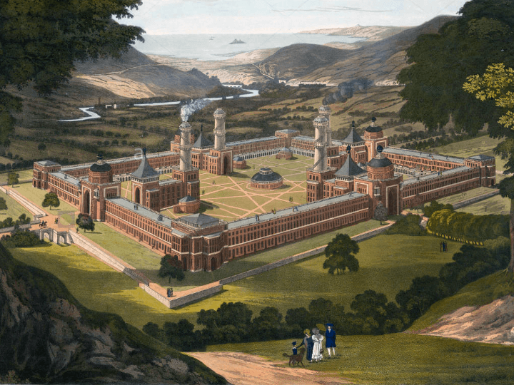 ロバート・オーウェンが構想したユートピア都市《ニューハーモニー》（ベイツ画、1838年）