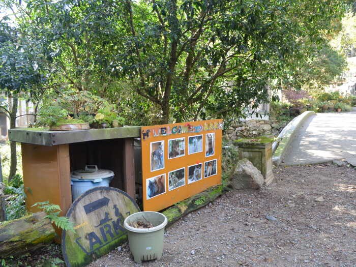 アニマルレフュージ関西への入り口。小川にかかる橋を越えていく