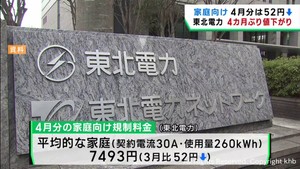 東北電力の電気料金　４月分が３月分より５２円値下がり　４カ月ぶりの値下がり
