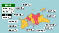 香川県の新型コロナ感染状況　8月25日（「赤」は10人以上、「黄」は1～9人の感染者が確認された市や町）