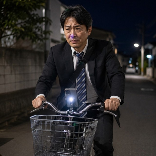 スマホライトで照らしながらの自転車運転…　※この画像はAdobe Fireflyで作成したイメージです