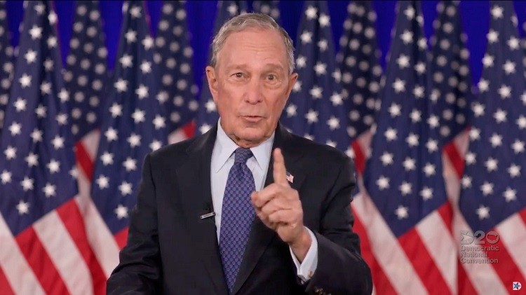 Former 2020 Democratic presidential candidate and former New York Mayor Michael Bloomberg speaks by video feed during the 4th and final night of the 2020 Democratic National Convention, as participants from across the country are hosted over video links from the originally planned site of the convention in Milwaukee, Wisconsin, U.S. August 20, 2020. 2020 Democratic National Convention/Pool via REUTERS