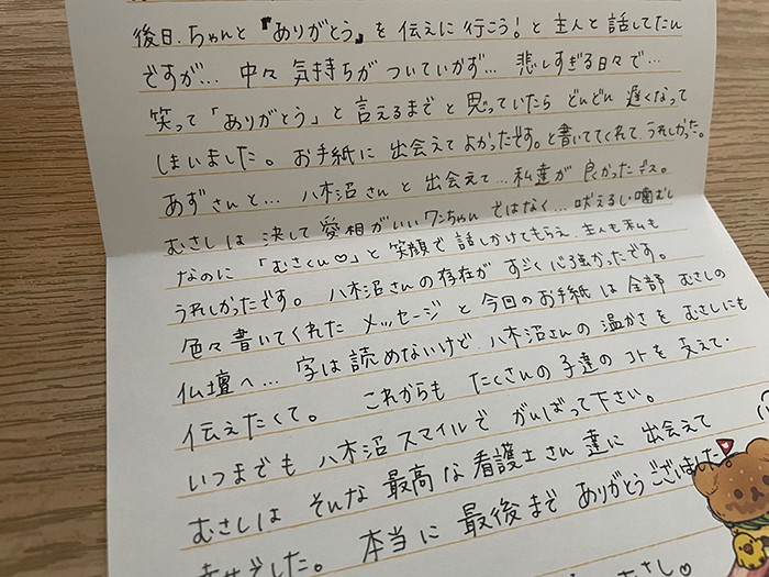 むさしの飼い主夫婦からもらった手紙。誕生日カードなどは棺に納めず、仏壇に飾っているという（八木沼さん提供）
