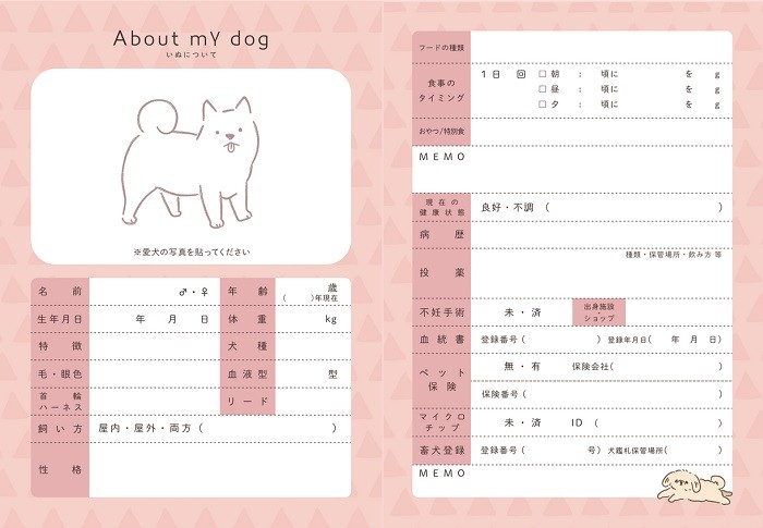 「いぬHELP手帳」には、愛犬の名前や年齢はもちろん、性格やフードの種類なども書き込めます（オキエイコさん提供）