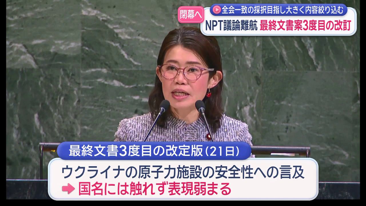 全会一致の採択目指し大きく内容絞り込む NPT議論難航 最終文書案3度目