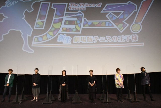 トーク中の（左から）神志那弘志監督、諏訪部順一、皆川純子、朴璐美、置鮎龍太郎、許斐剛氏
