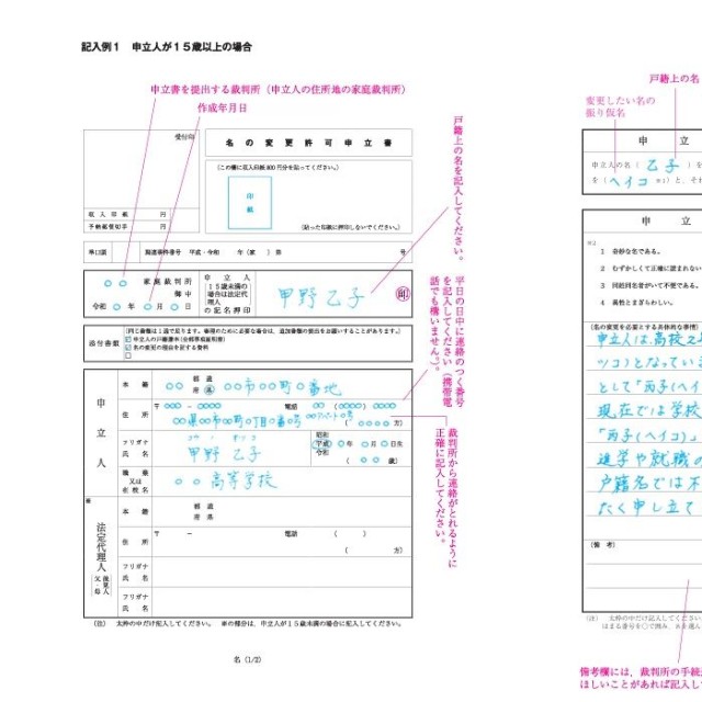 こちらが改名手続き書類の記入例（裁判所ホームページから引用）