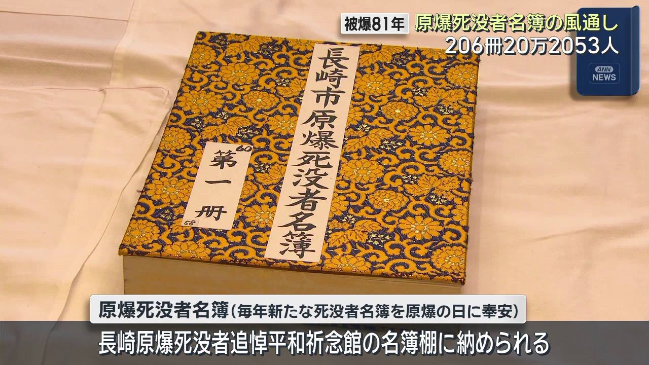 被爆81年 長崎原爆の日を前に原爆死没者名簿の風通し 206冊 20万2053人