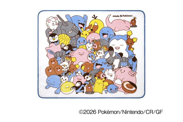 カビゴンやポッチャマ、ソーナンスなど、ポケモンたちがぎゅっと集まったデザインのブランケット