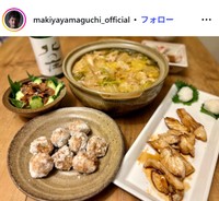 山口馬木也のインスタグラム@makiyayamaguchi_officialより(アジのしんじょう揚げ、鱈焼き、豚白菜、へしこ)