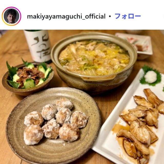 山口馬木也のインスタグラム@makiyayamaguchi_officialより(アジのしんじょう揚げ、鱈焼き、豚白菜、へしこ)