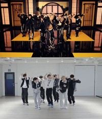 NCT 127『英雄; Kick It』のダンスと酷似性を指摘されるATBO(画像出典：NCT 127『英雄; Kick It』MV、ATBO 『Monochrome (Color)’』CHOREOGRAPHY VIDEOキャプチャー)