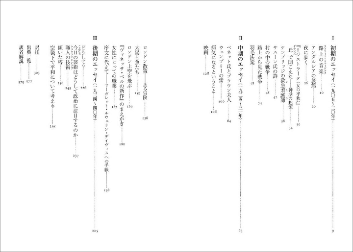 『ヴァージニア・ウルフ エッセイ集』（平凡社）目次。初期から晩年まで、初訳を多数含むエッセイ25篇を精選したオリジナル・アンソロジー。