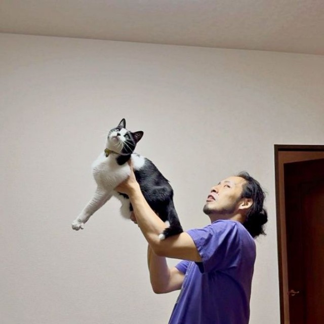まるで宗教画！？ 天井照明の虫を見つめるフジくんと、抱き上げるパパ（画像提供：ろうそくしっぽのフジさん）