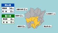 岡山県の新型コロナ感染状況　11月10日（「黄」は1～9人の感染者が確認された市と町）
