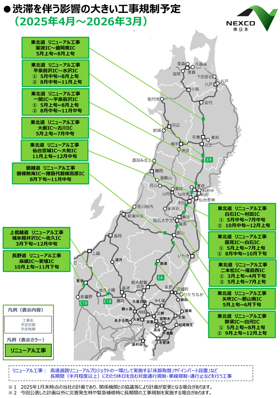 NEXCO東日本管内の渋滞を伴う影響の大きい工事規制予定 （2025年4月〜2026年3月）