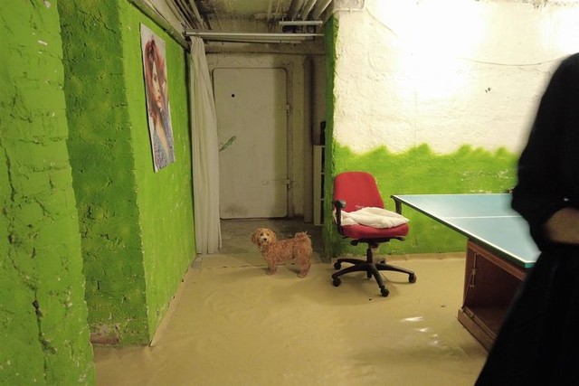 冷戦時代につくられた集合住宅の地下シェルター。奥には扉が見える＝2023年6月4日、ワルシャワ、荒ちひろ撮影