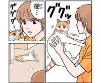 リラックスしていた小吉を抱っこしてみるも、やはり拒否（たなかふじもとさん提供）