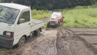 タイヤが田んぼのぬかるみにはまってしまった軽トラック