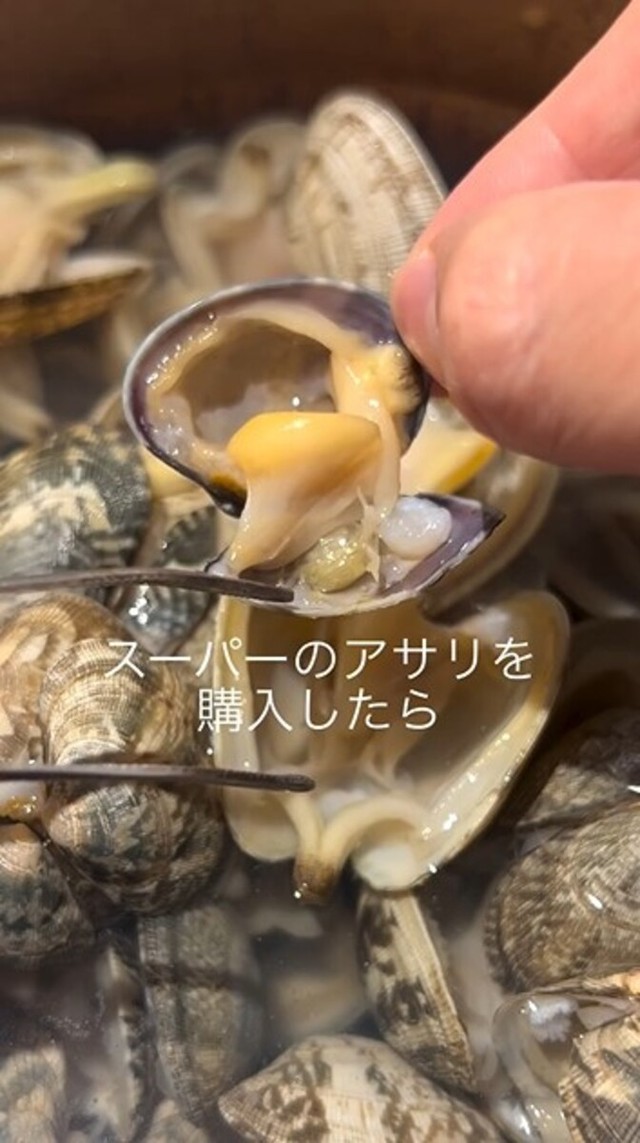 スーパーで購入したアサリの殻を開けると、身のそばに小さなカニがいました／るう 非日常のアクアリウムさん（@aquariumruu）提供