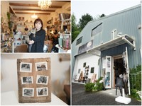 雑貨店の赤松店長と（左上）。泉野さんが作った天然木のオリジナルフォトフレーム。寅次郎グッズとして人気。写真をあなたの愛猫に変えて飾るのもあり（左下）、「shop Is」外観（右）