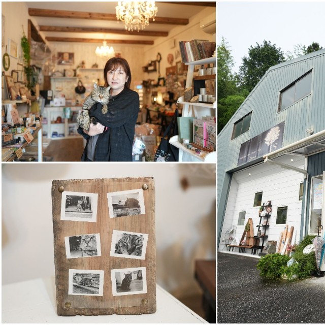 雑貨店の赤松店長と（左上）。泉野さんが作った天然木のオリジナルフォトフレーム。寅次郎グッズとして人気。写真をあなたの愛猫に変えて飾るのもあり（左下）、「shop Is」外観（右）