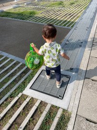 キウイ柄のTシャツとキウイ柄のビニールバッグを提げたお子さん／おむろんさん（@omuron_0916）提供