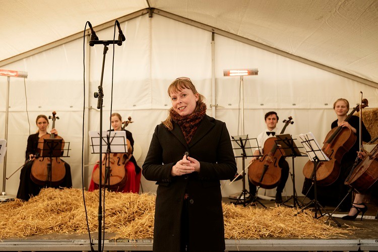 Joy Mogensen, Denmark's culture minister, attends a performance by the students of the Scandinavian Cello School in Lund, Denmark, April 25, 2021. I hope it's one of the lessons we take from corona, how much we all — even cows — miss being together," said Mogensen. (Carsten Snejbjerg/The New York Times)