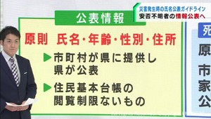 災害時の安否不明者　家族の同意無しで氏名など公表　宮城県が明確な基準を設ける