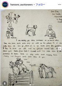 エリザベス女王の10歳の頃のイラスト付き手紙　ハンソンズ・オークショニアズのインスタグラム@hansons_auctioneersより