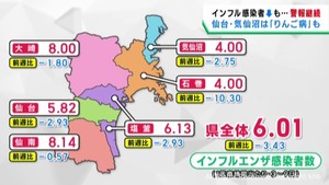 宮城県インフルエンザ感染者数　４週連続減少も警報解除は見送り