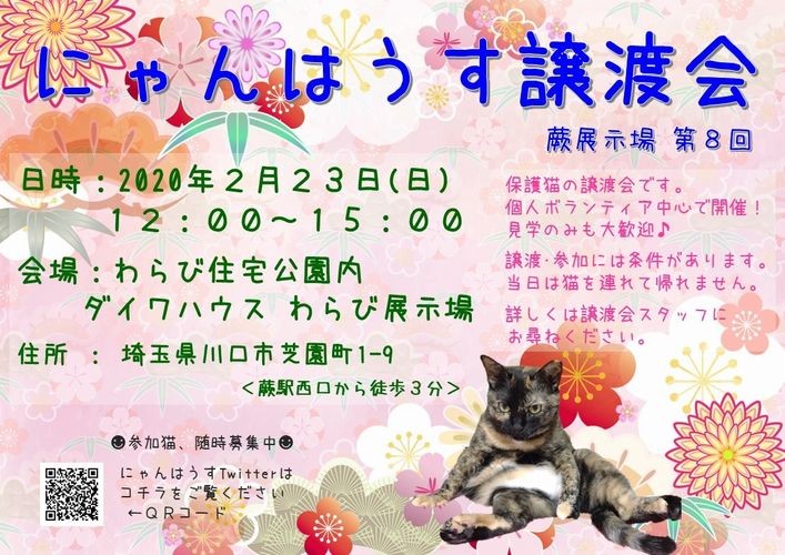 彩香さんが母と主催する譲渡会のちらし。わらび住宅公園内のダイワハウス住宅展示場で開催します。