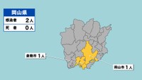 岡山県の新型コロナ感染状況　10月22日（「黄」は1～9人の感染者が確認された市）