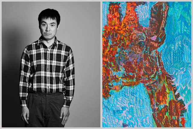木村二朗「Morocco 砂漠の民」3号油彩,最高センス,色勘,クールな作品 画像】「キュニキュニ」と名付けた「E」みたいな文様で作品を描く木村