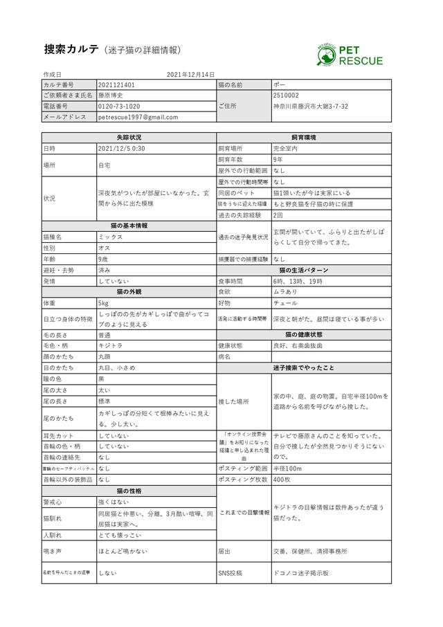 「オンライン迷子猫捜しサポート」で作成される捜索カルテのイメージ（提供＝ペットレスキュー）