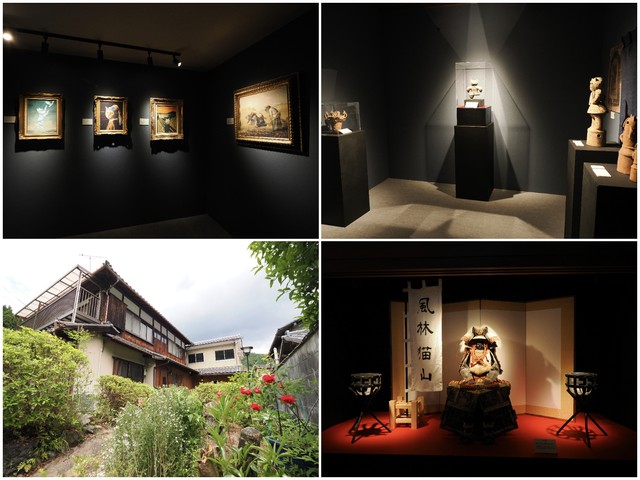 猫族歴史博物館の外観（左下）と展示物の一部（左上、右上、右下）