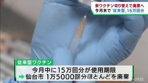 従来型ワクチン１６万回分が１０月中に廃棄の見通し　宮城県